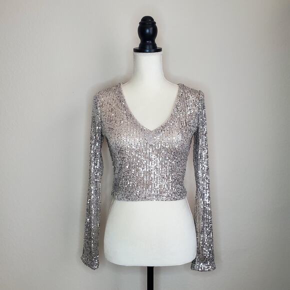 Guess Silver Sequin Crop Top Small - Picture 1 of 6
